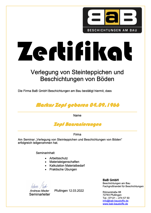Zertifikat Markus Zepf